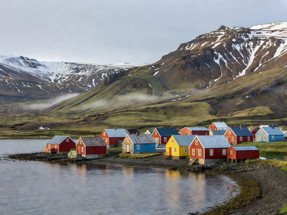 Houses and mountain slopes beside the sheltered shore at Seyðisfjörður in eastern Iceland