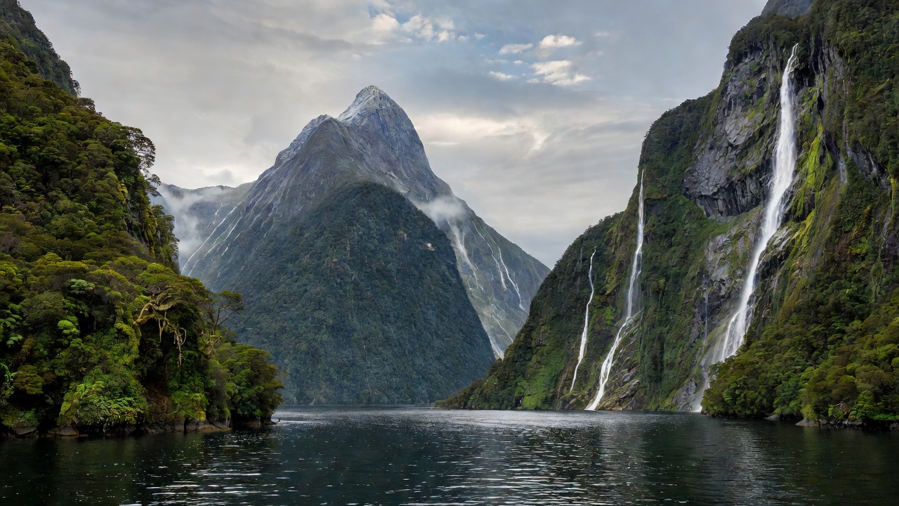 Mitre Peak and forested mountain walls beside Milford Sound Piopiotahi in New Zealand